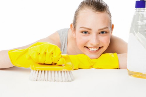 Deep carpet stain treatment in a busy hallway